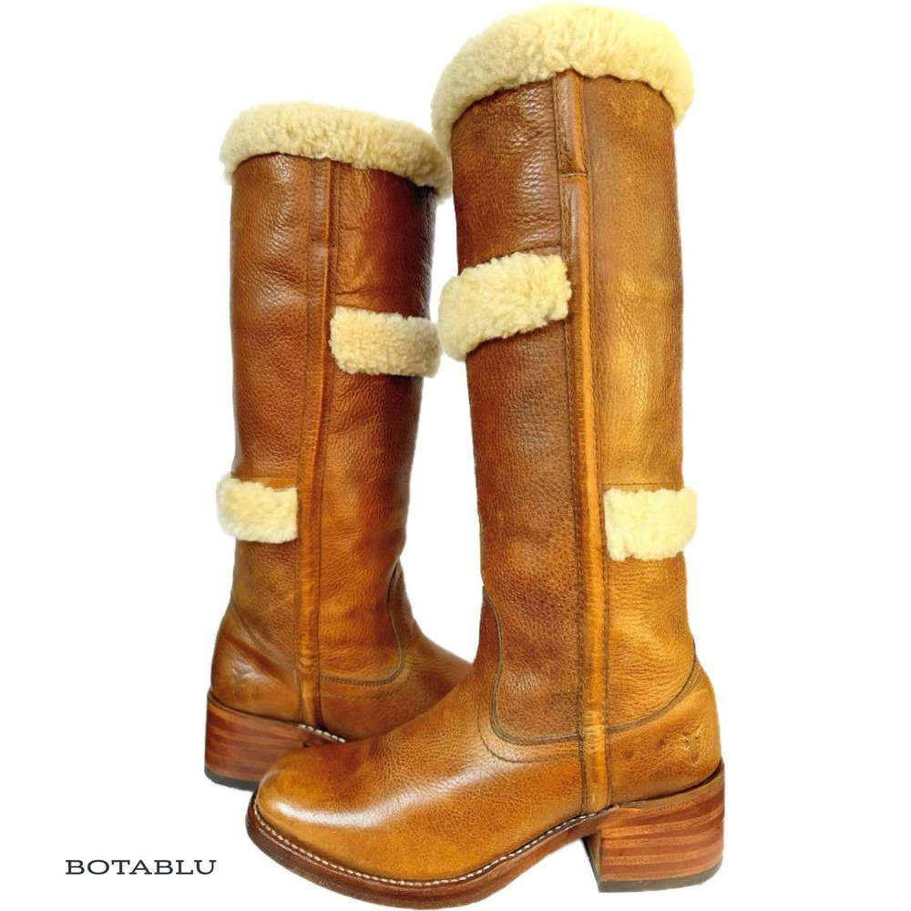 SOLD FRYE Vintage Campus Shearling Brown Tall Knee High Western Boots Size 8 - Picture 2 of 7